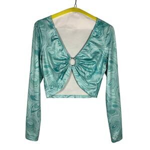 Shein Teal Marble Long Sleeve Cropped Top Women's Medium